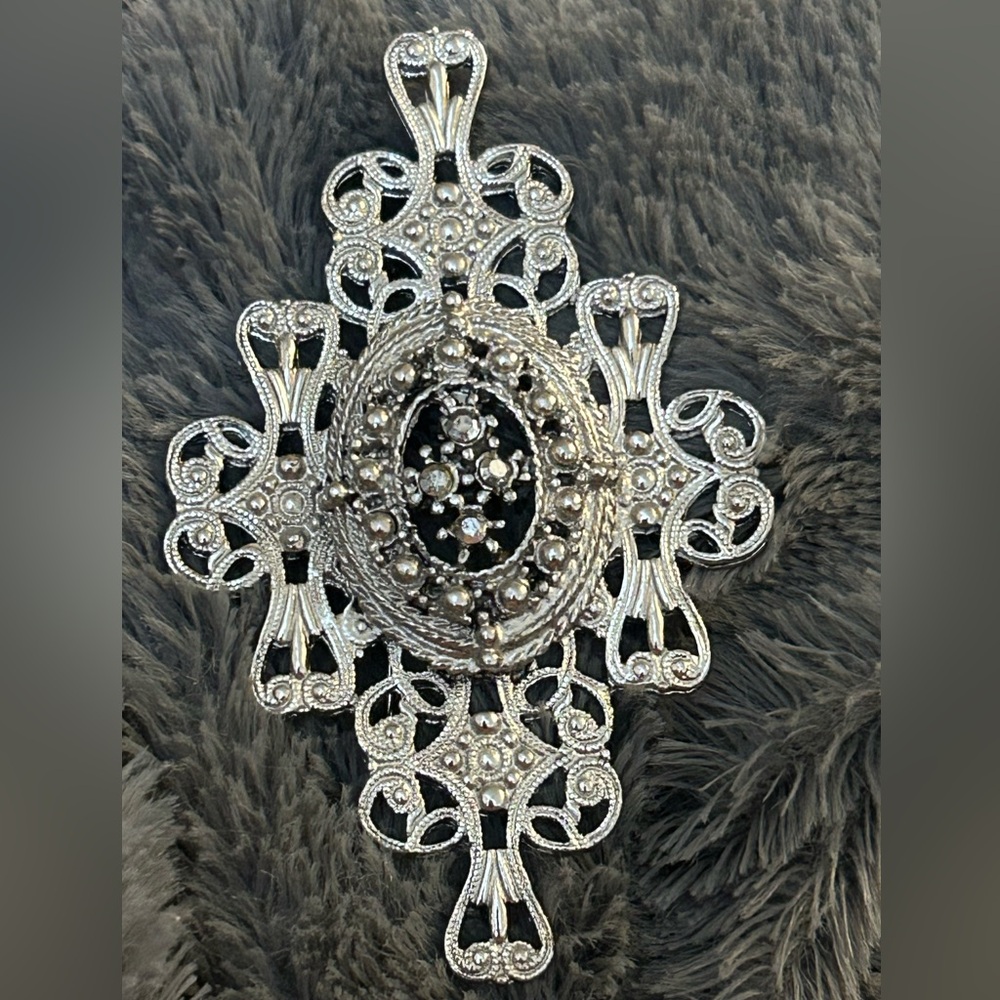 Vintage Edwardian Revival Silver Tone and Faux Marcasite Filigree Shield Brooch